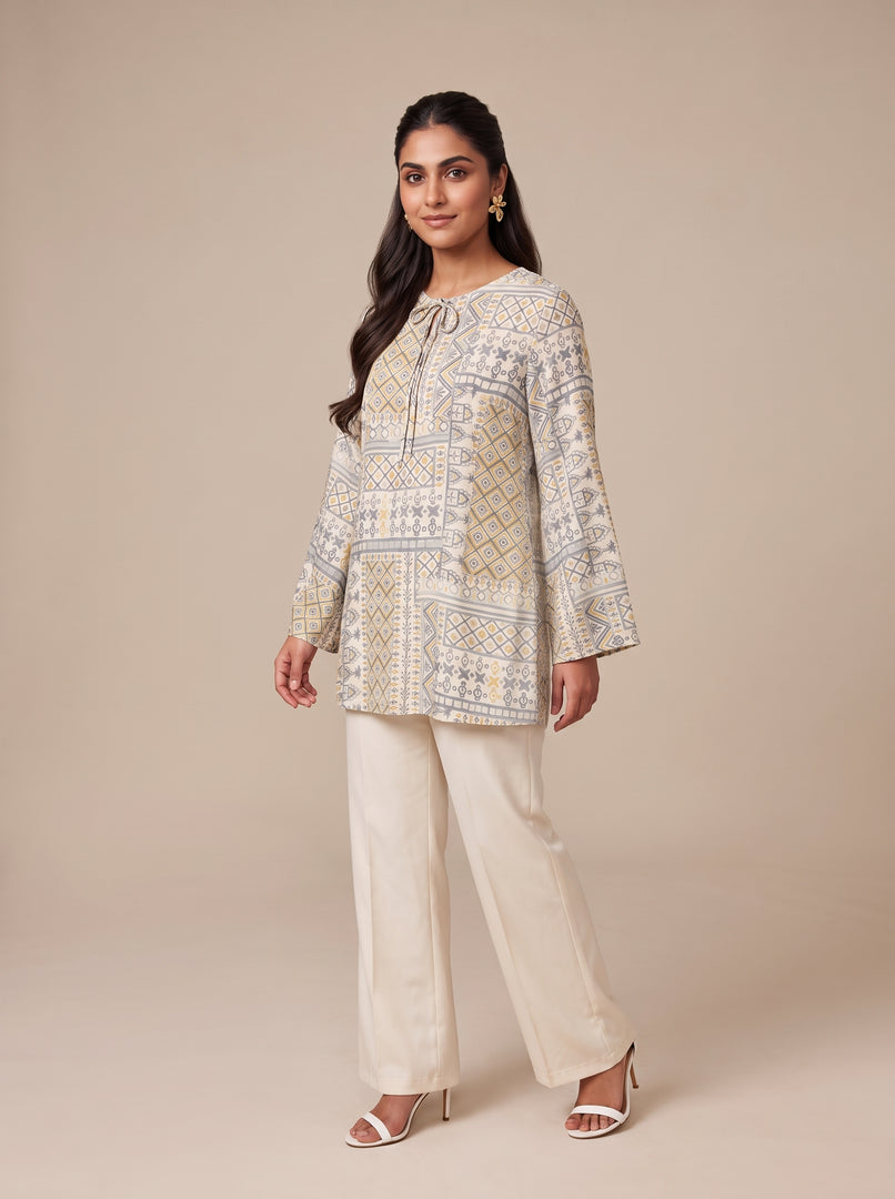Cotton Below-Hip Tie-Neck Top 93671