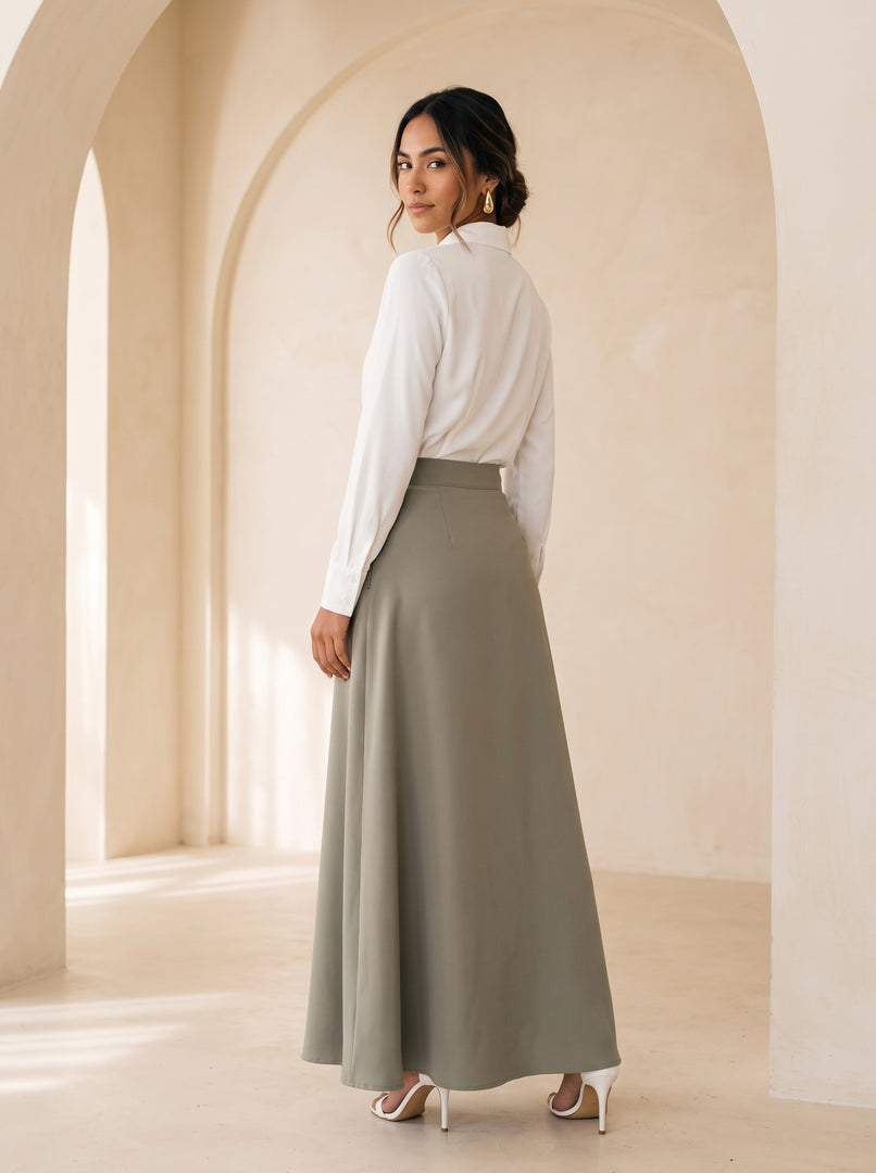 Basil Green Polyester Ankle-Length Skirt 94633