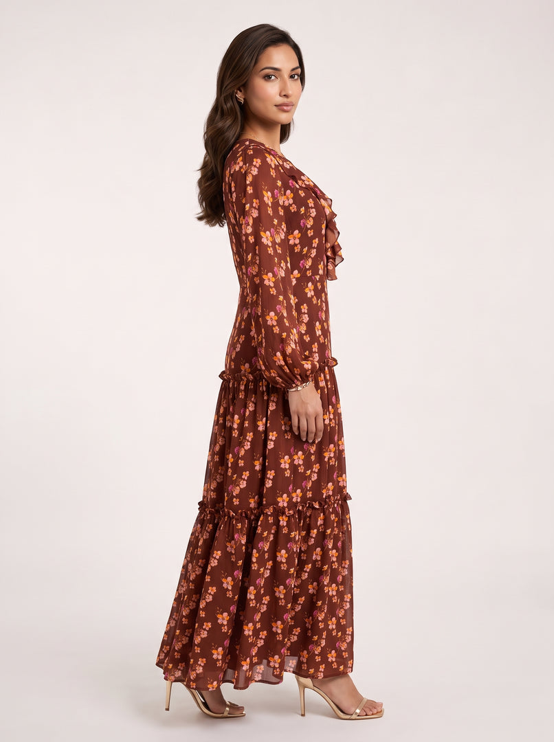 Ruffle V-Neck Ditsy Floral Print Dress 88352
