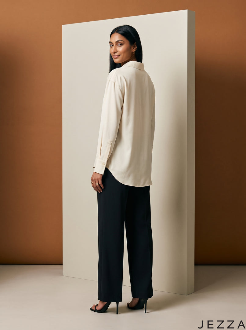 Ivory Ease: Relaxed Poly Cotton Below Hip Top 90361