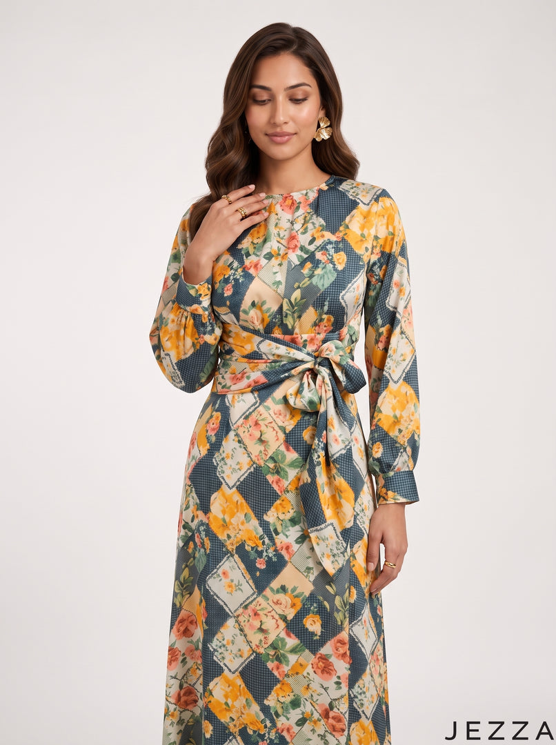Botanical Whisper: Abstract Crepe Satin Long Dress 87661