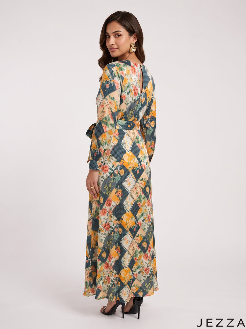 Botanical Whisper: Abstract Crepe Satin Long Dress 87661