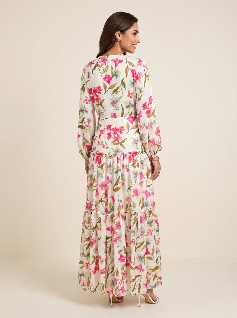Ruffle V-Neck Tropical Floral Print Dress 88351