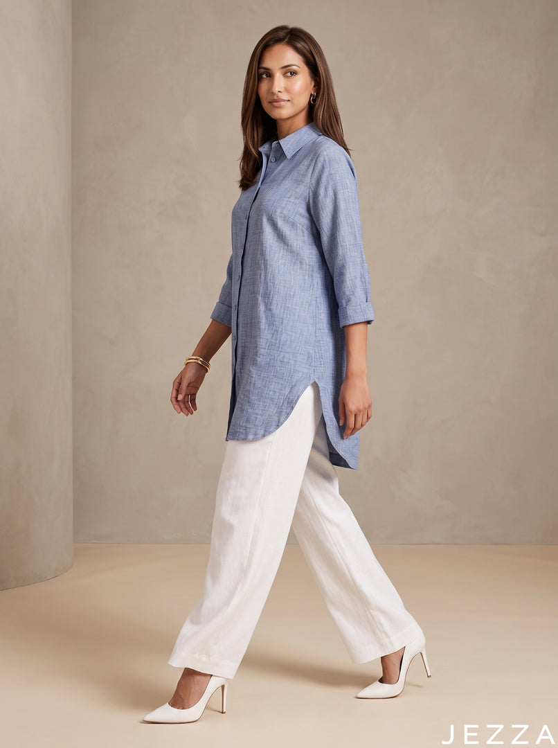 Azure Ease: Blue Cotton Below Hip Top 86961