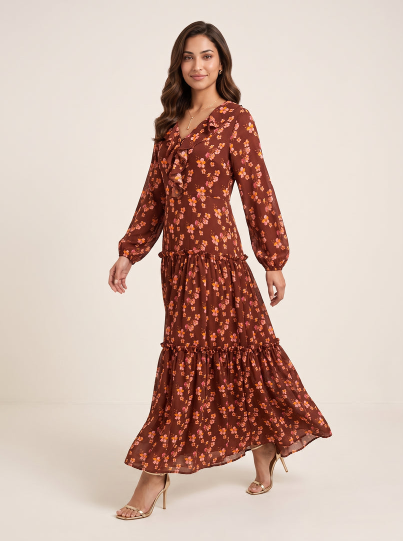 Ruffle V-Neck Ditsy Floral Print Dress 88352