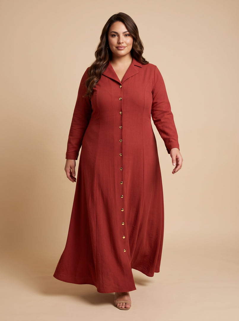 Dark Amber Lapel Collar A-Line Dress 87773