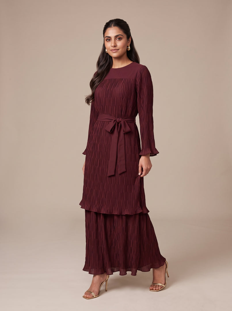 Maroon Pleated Flow Dress 92381