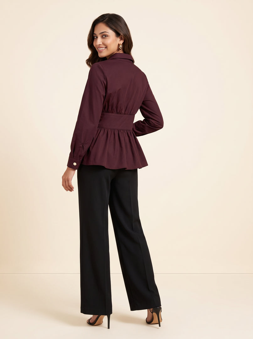Burgundy Waist Pleated Hip Top 91823