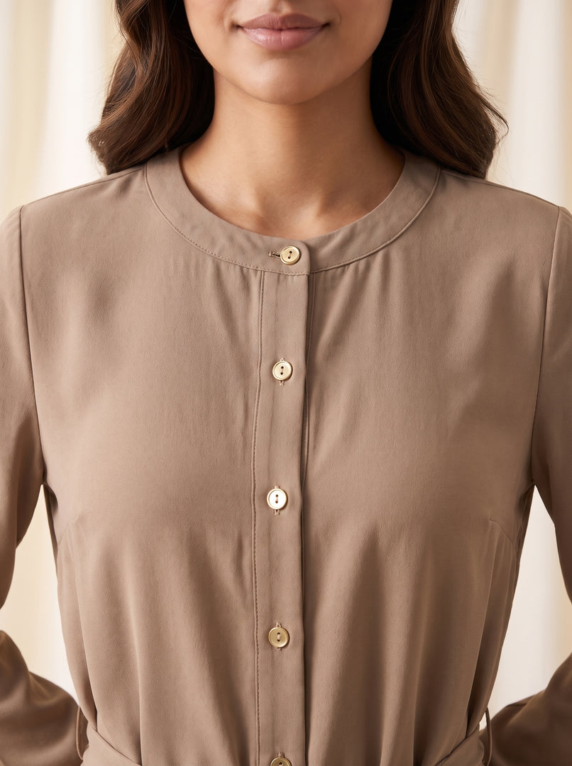 Round Neck Long Sleeve Khaki Brown Top 88151