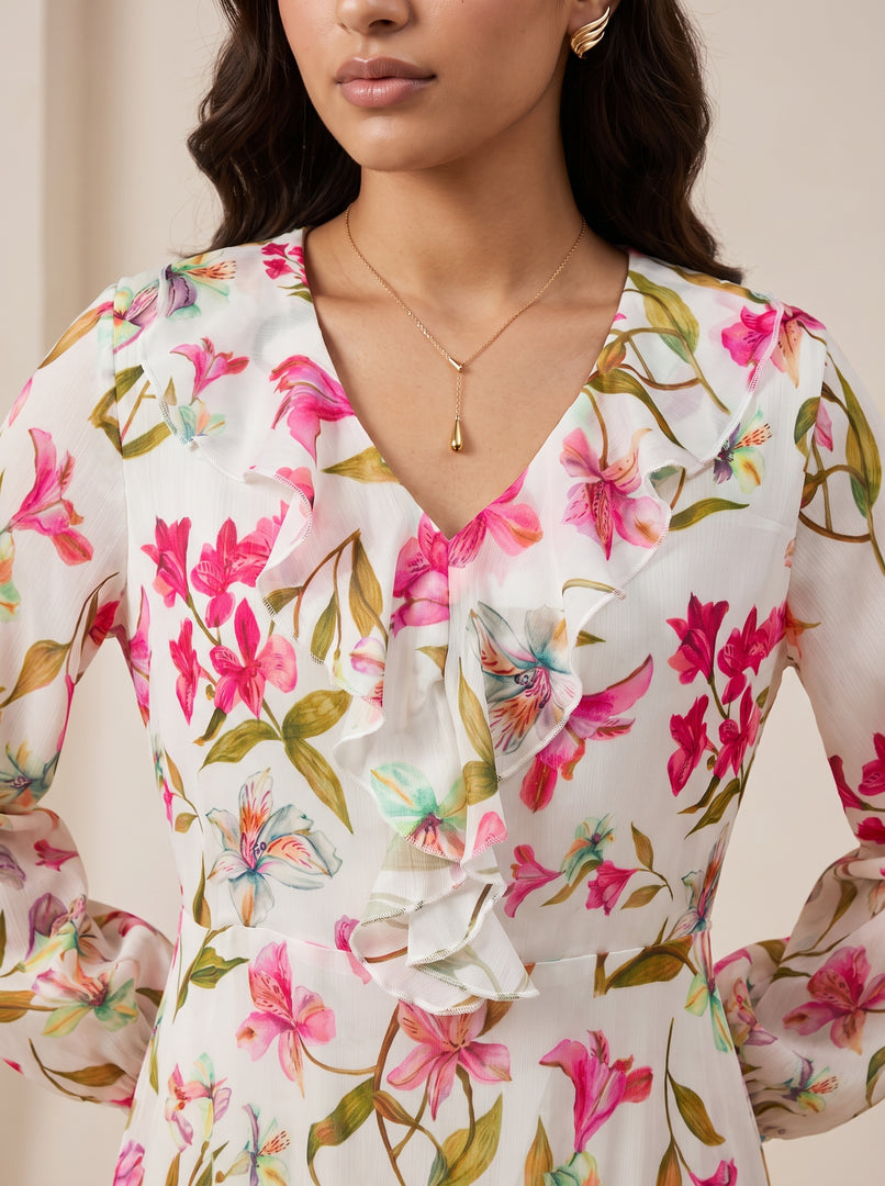 Ruffle V-Neck Tropical Floral Print Dress 88351