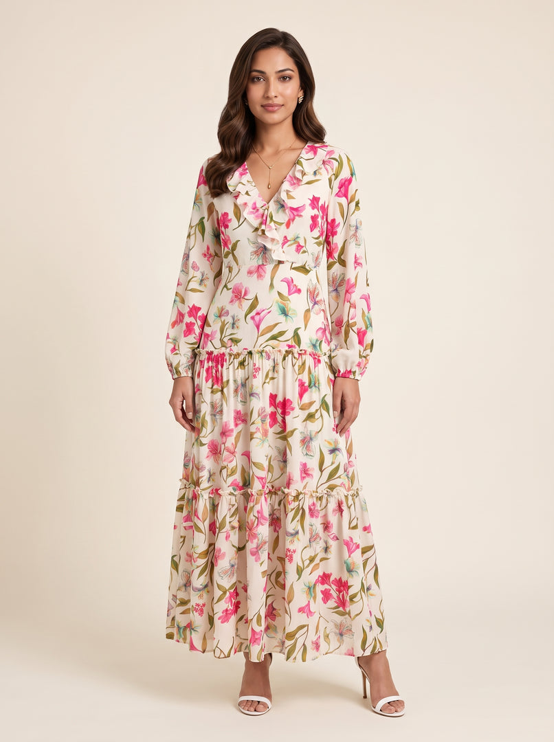 Ruffle V-Neck Tropical Floral Print Dress 88351