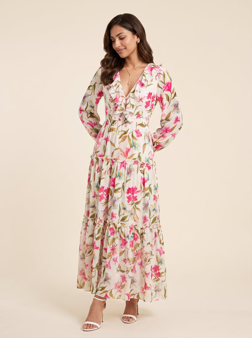 Ruffle V-Neck Tropical Floral Print Dress 88351