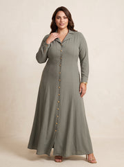 Moss Green Lapel Collar A-Line Dress 87772