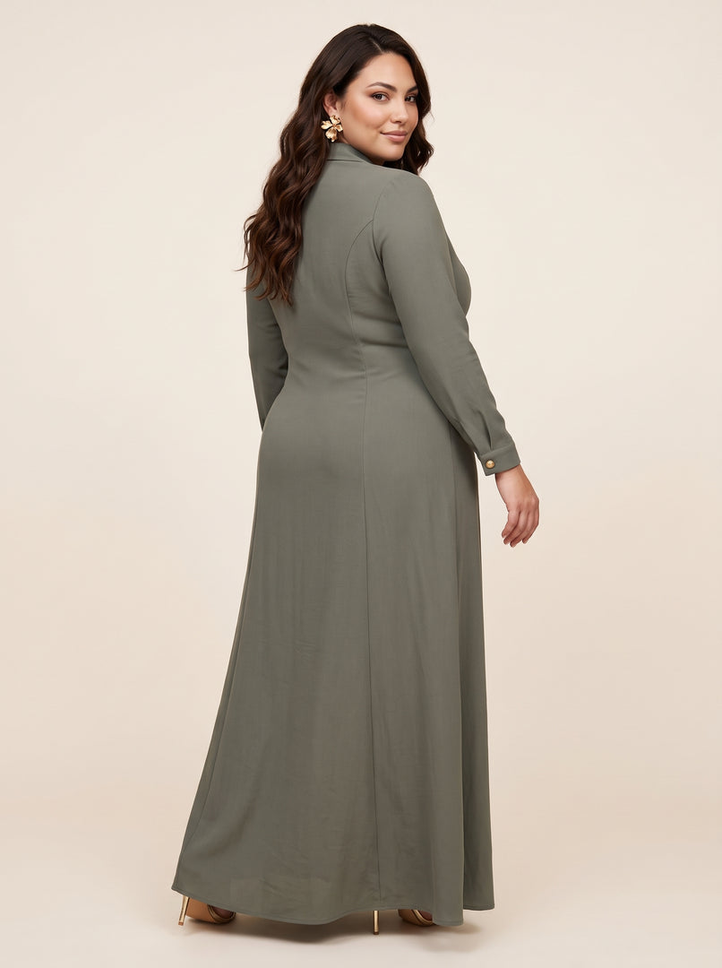 Moss Green Lapel Collar A-Line Dress 87772