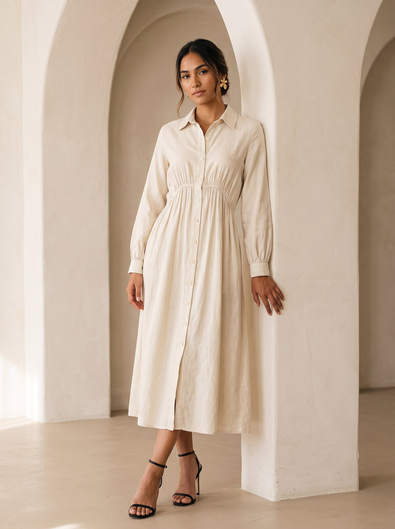 Linen Dust Collared Midi Dress 87936