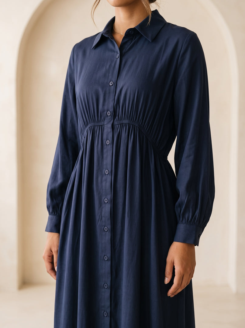 Navy Blue Collared Midi Dress 87937