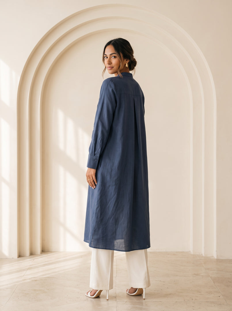 Spruce Blue Mandarin Collar Midi Top 79723