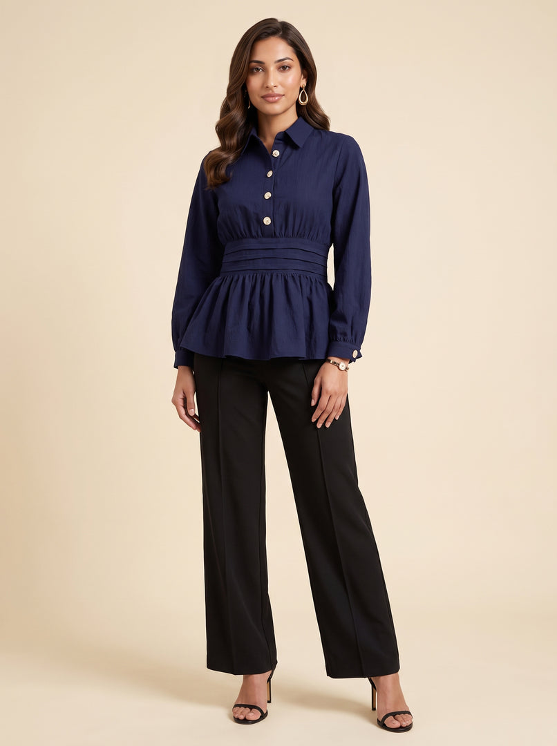 Navy Blue Waist Pleated Hip Top 91821