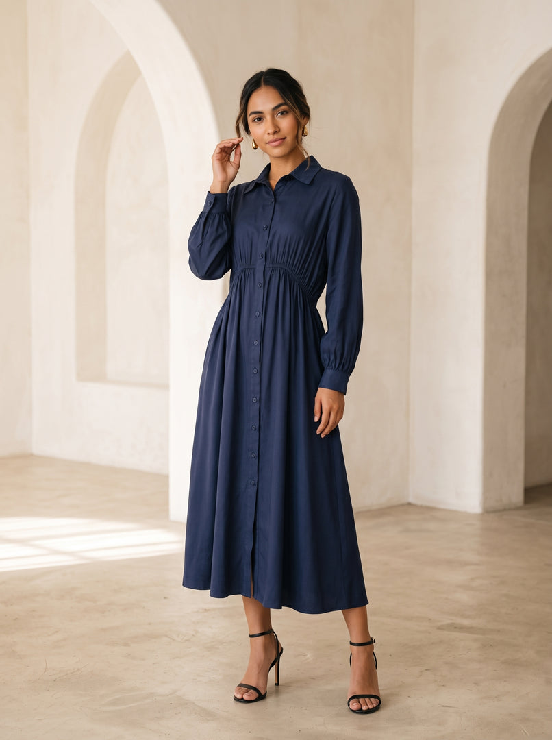 Navy Blue Collared Midi Dress 87937