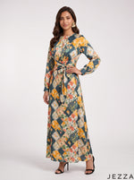 Load image into Gallery viewer, Botanical Whisper: Abstract Crepe Satin Long Dress 87661