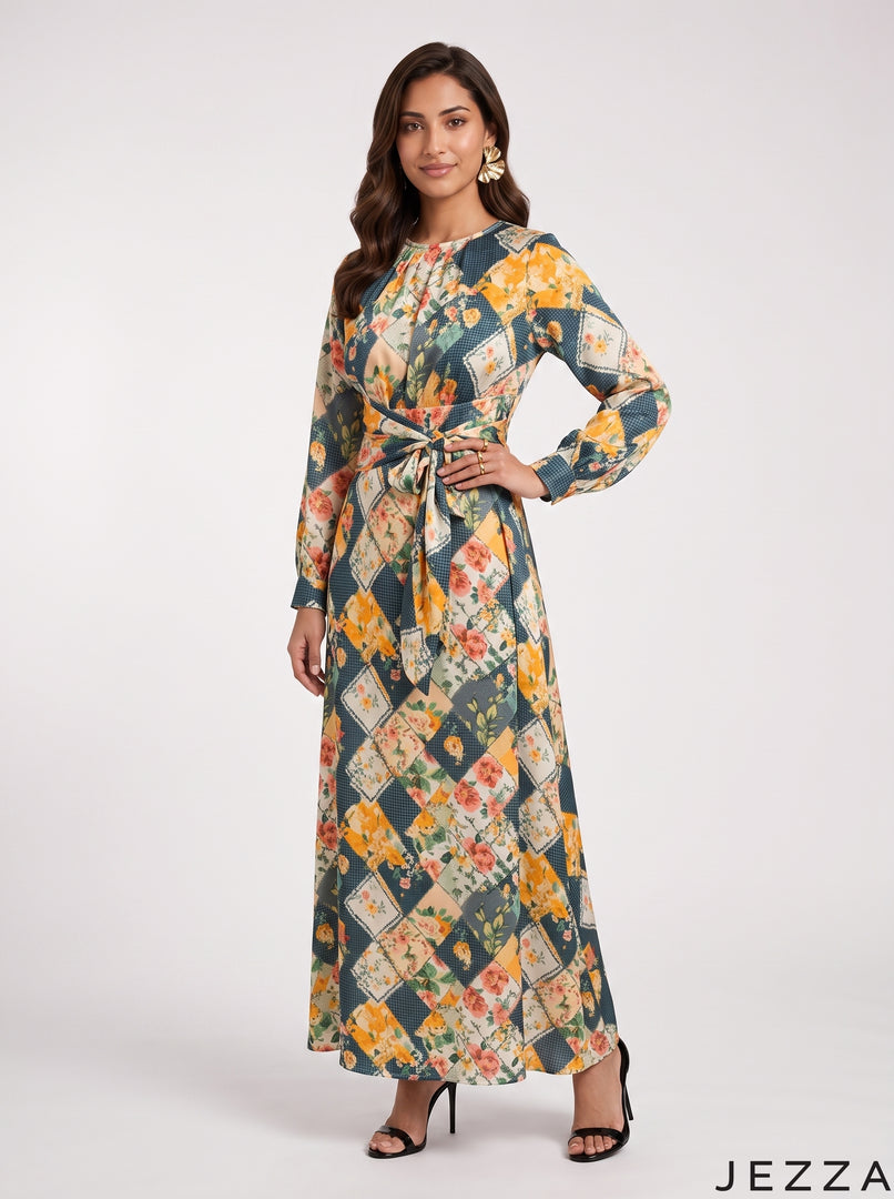 Botanical Whisper: Abstract Crepe Satin Long Dress 87661