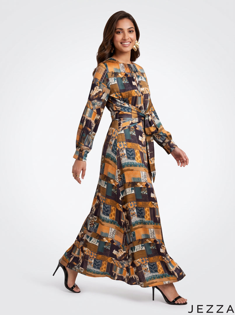 Geometric Aura: Crepe Satin Long Dress 87662