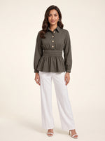 Load image into Gallery viewer, Moss Green Waist Pleated Hip Top 91822
