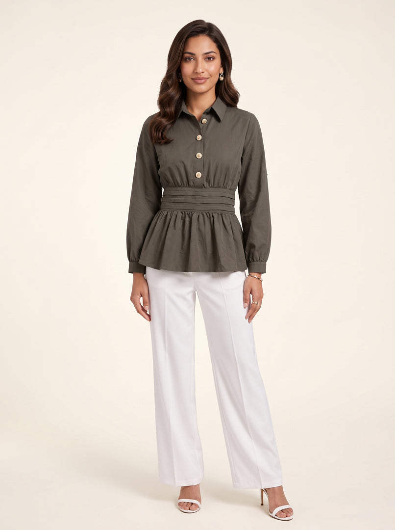 Moss Green Waist Pleated Hip Top 91822