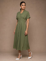 Load image into Gallery viewer, Olive Classic: Cotton Open-Collar Midi Dress 87703