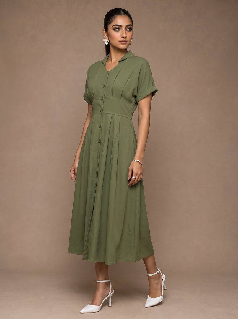 Olive Classic: Cotton Open-Collar Midi Dress 87703