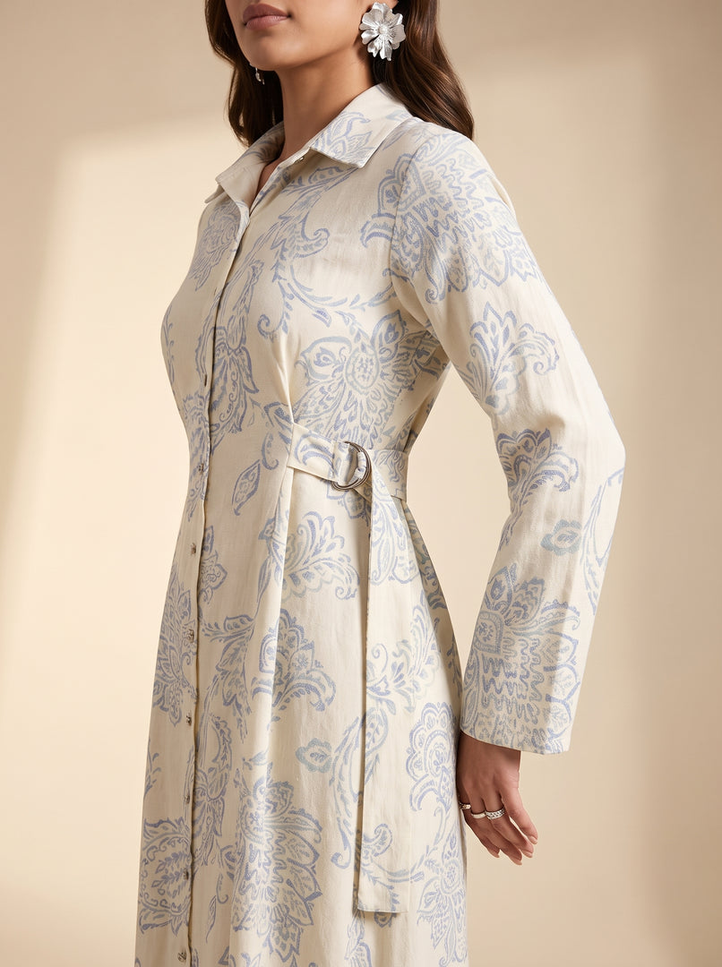 Collared A-Line Floral Damask Print Dress 92571