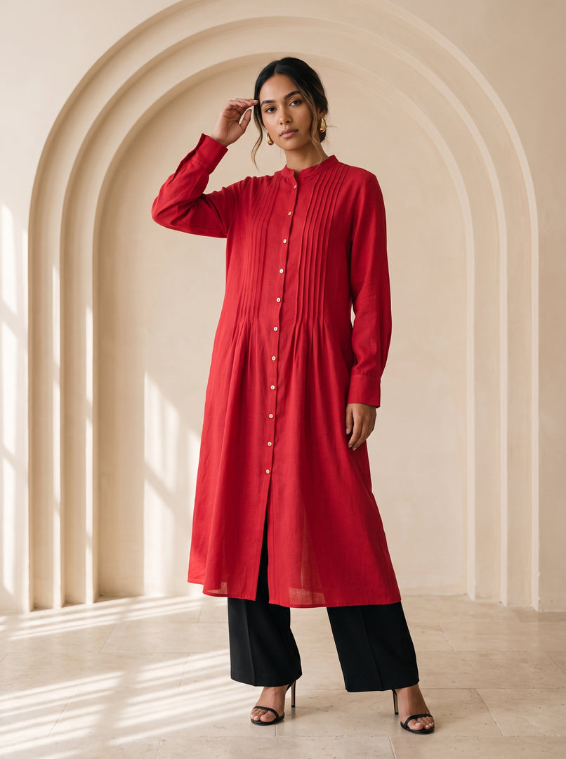 Red Mandarin Collar Midi Top 79721