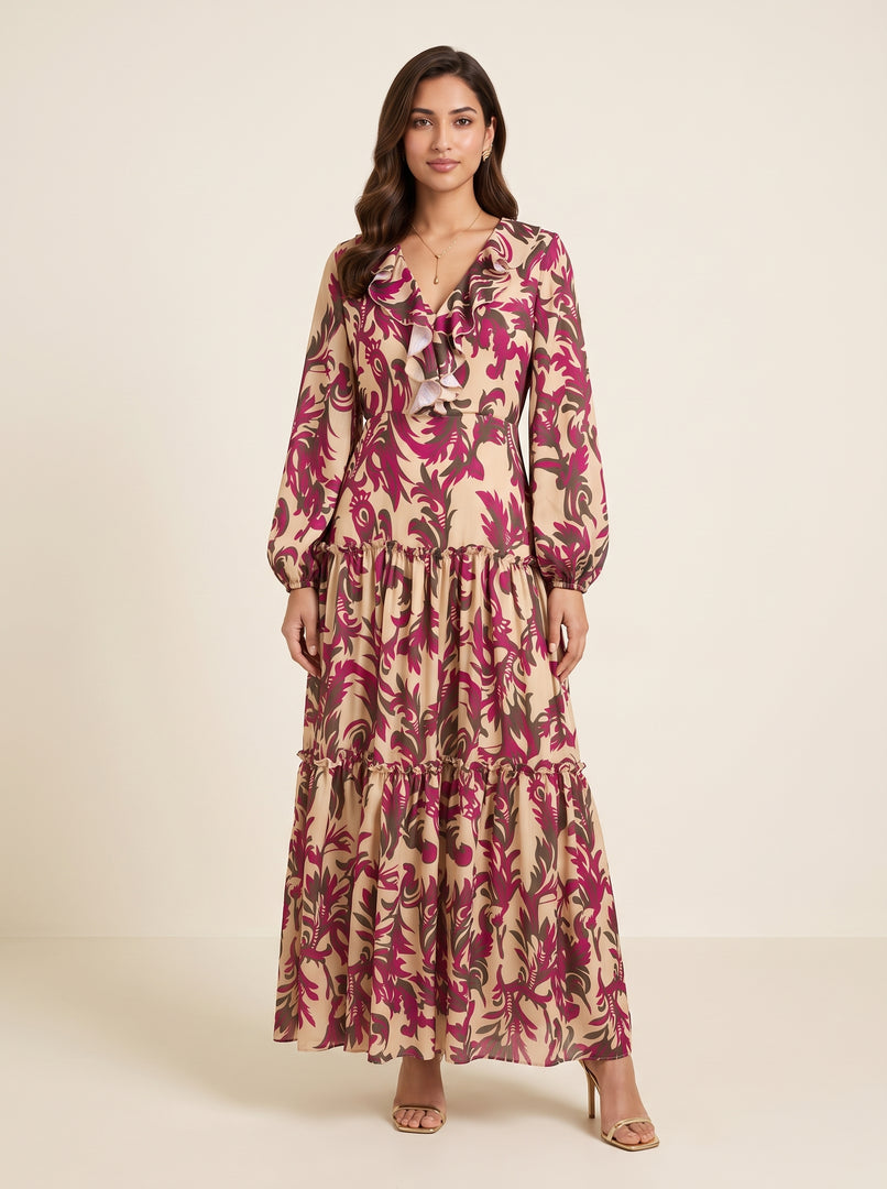 Ruffle V-Neck Paisley-Inspired Foliage Scroll Print Dress 88353