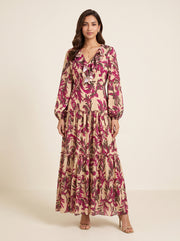 Ruffle V-Neck Paisley-Inspired Foliage Scroll Print Dress 88353