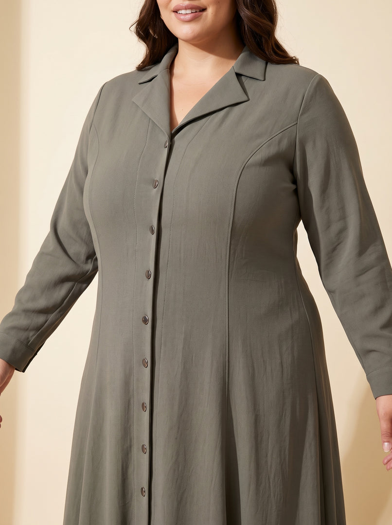 Moss Green Lapel Collar A-Line Dress 87772