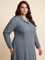 Load image into Gallery viewer, Steel Blue Lapel Collar A-Line Dress 87771