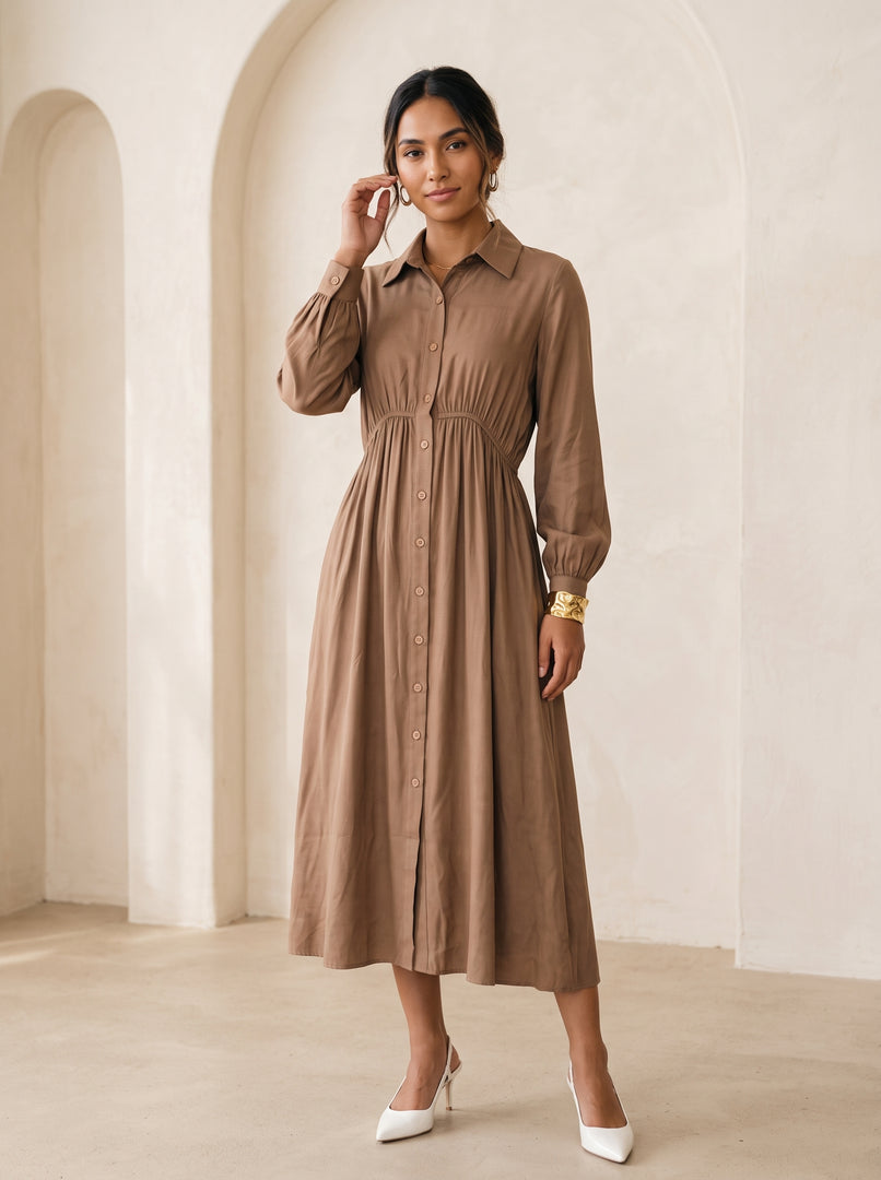 Peanut Brown Collared Midi Dress 87933