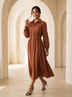Load image into Gallery viewer, Tawny Brown Collared Midi Dress 87935