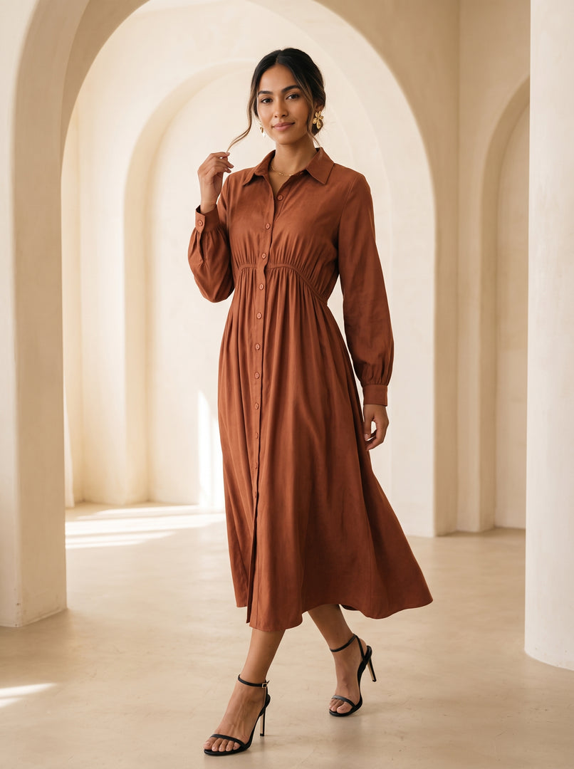 Tawny Brown Collared Midi Dress 87935