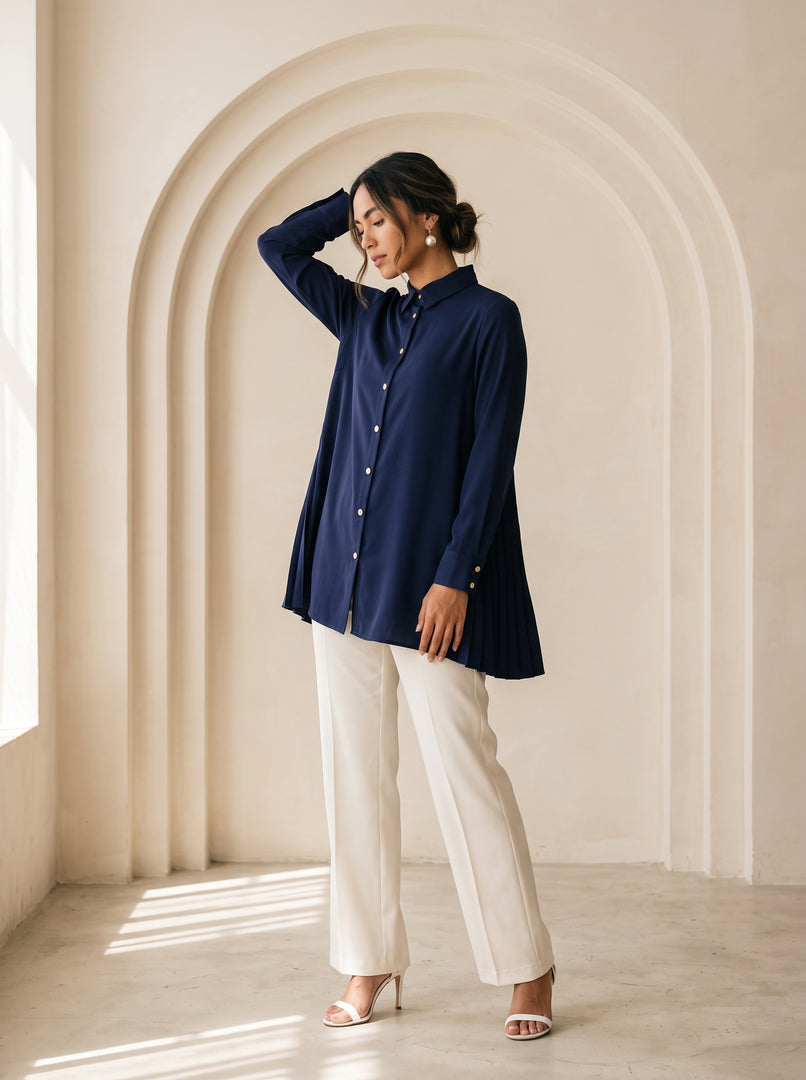 Navy Blue Collared Below Hip Top 90052