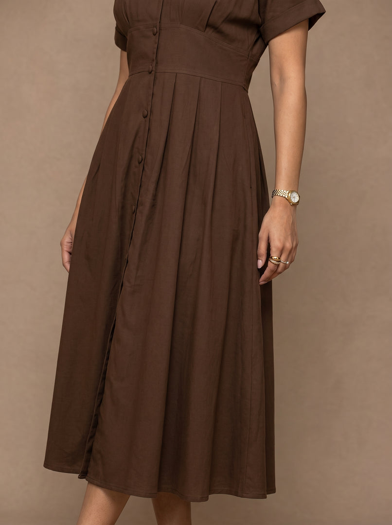 Coffee Classic: Cotton Open-Collar Midi Dress 87702