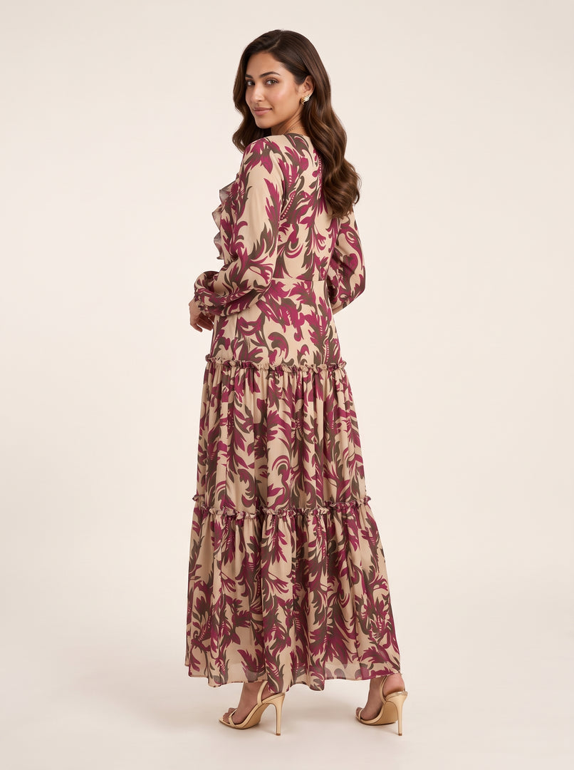 Ruffle V-Neck Paisley-Inspired Foliage Scroll Print Dress 88353