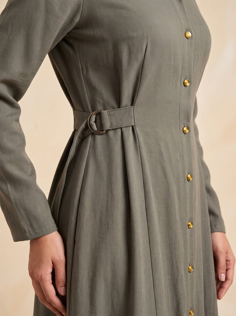 Collared A-Line Olive Green Dress 86361