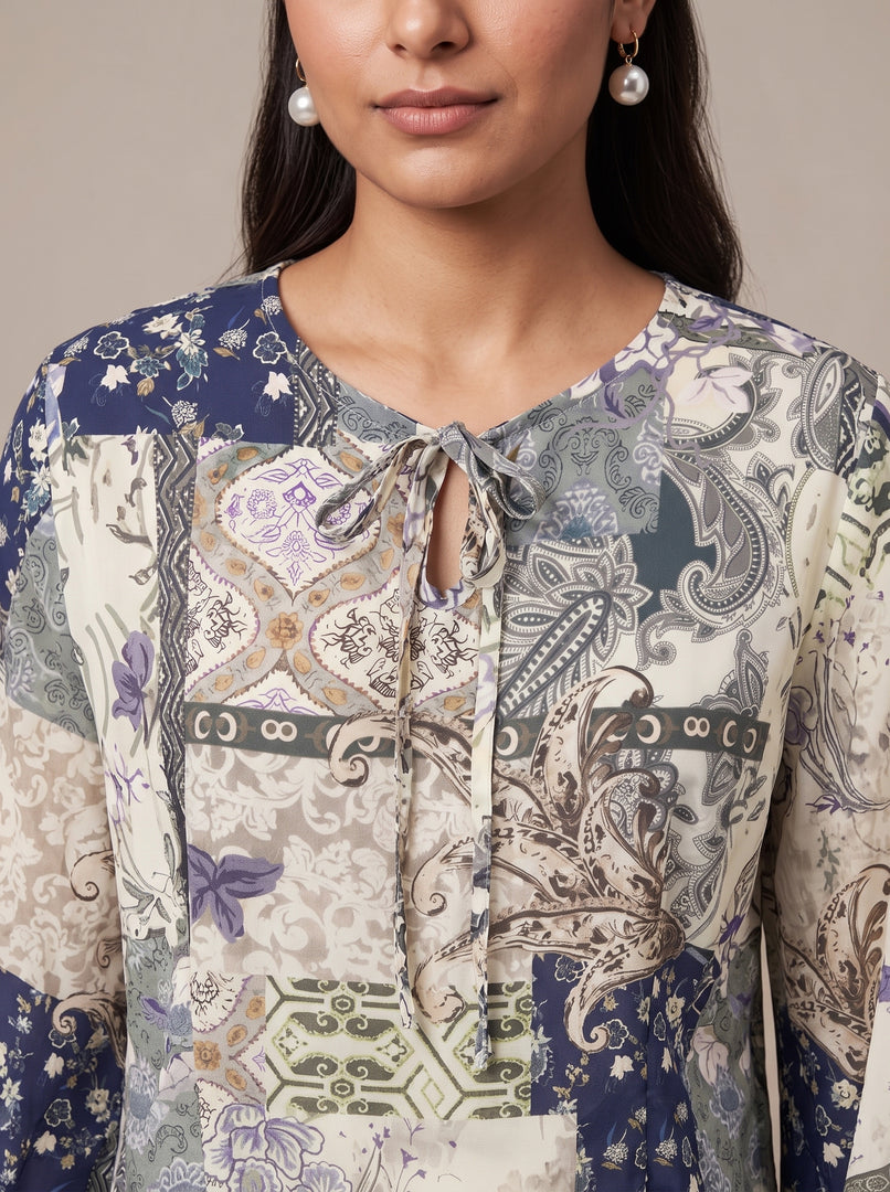 Cotton Abstract Print Tie-Neck Top 90261