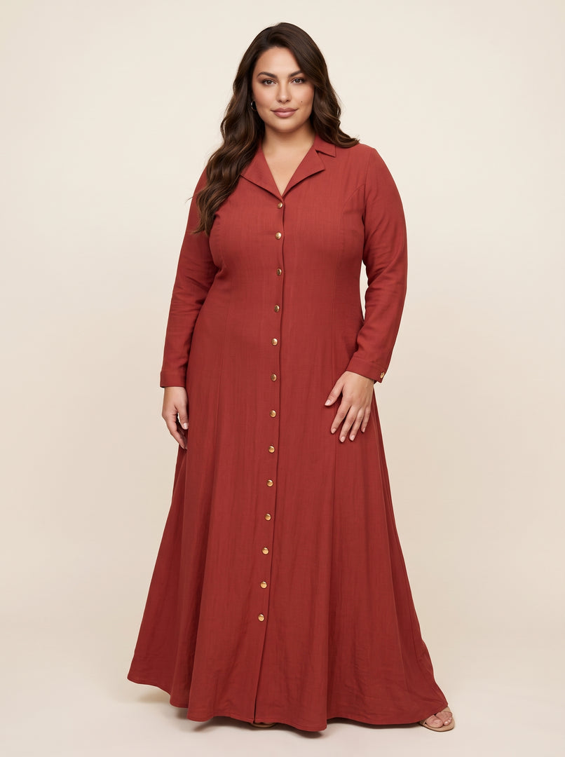 Dark Amber Lapel Collar A-Line Dress 87773