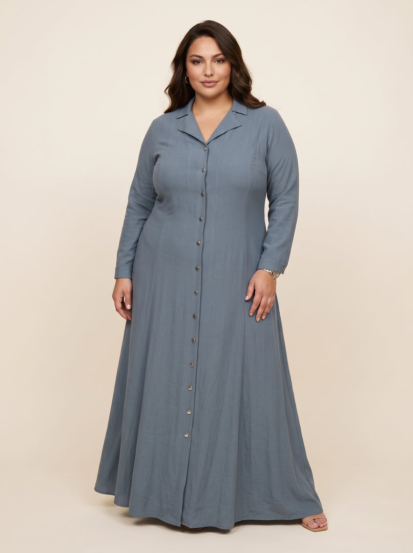 Steel Blue Lapel Collar A-Line Dress 87771