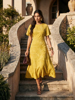 Load image into Gallery viewer, Golden Radiance: Yellow Brocade Midi Dress 87381