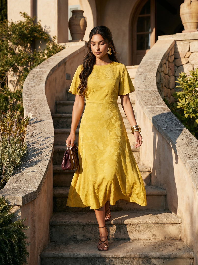 Golden Radiance: Yellow Brocade Midi Dress 87381