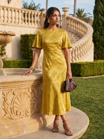 Load image into Gallery viewer, Golden Radiance: Yellow Brocade Midi Dress 87381