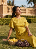 Load image into Gallery viewer, Golden Radiance: Yellow Brocade Midi Dress 87381